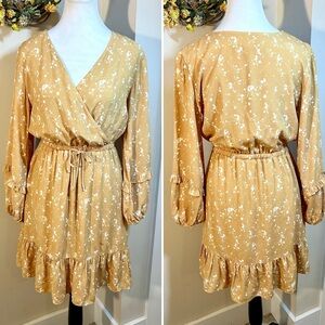 Anthropologie DOLAN  Mustard Yellow Surplice Ruffle Hem Floral Dress Women’s XS